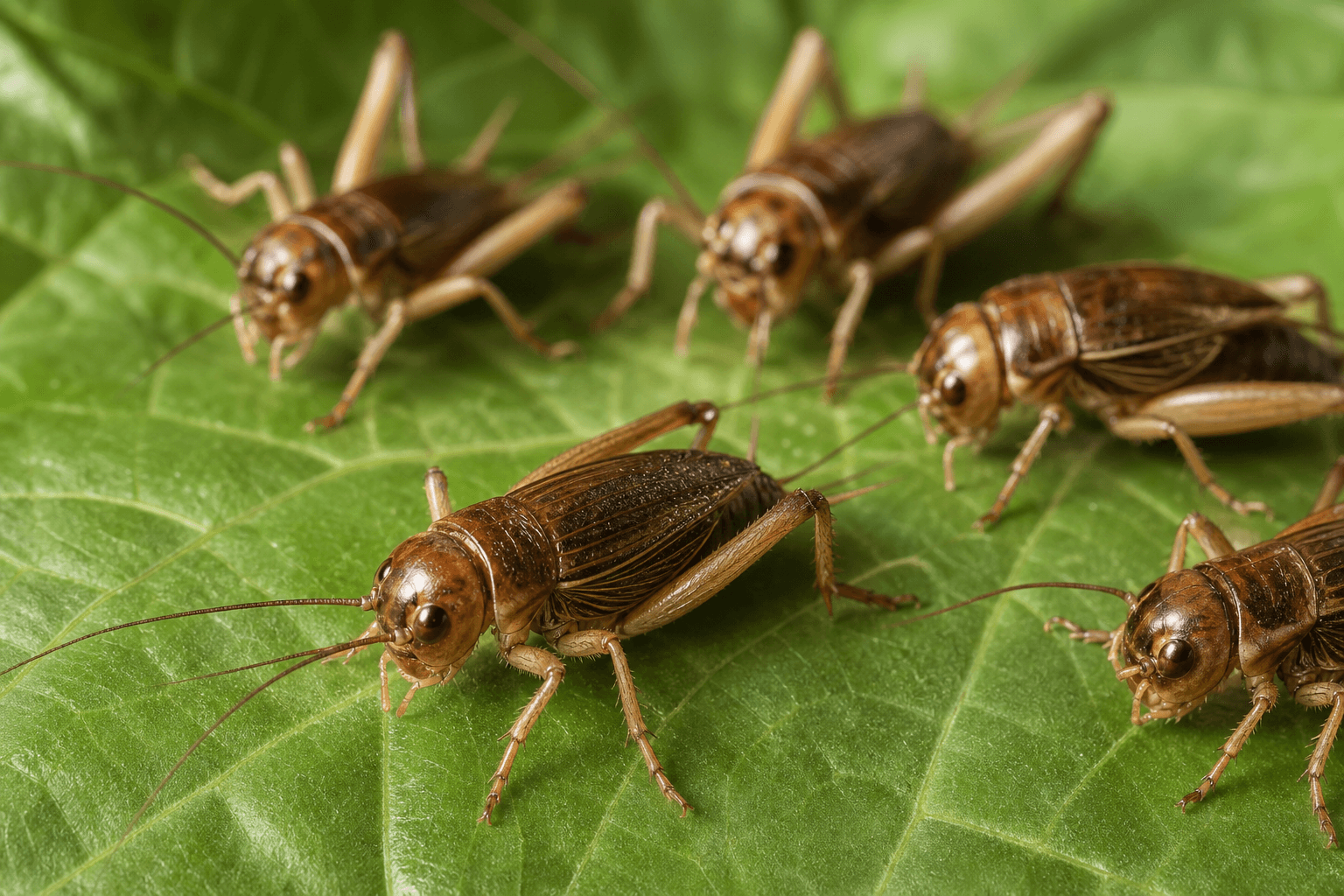 Brachytrupes portentosus — large brown field crickets, the source biomass for Cricktone peptone, resting on a fresh green leaf