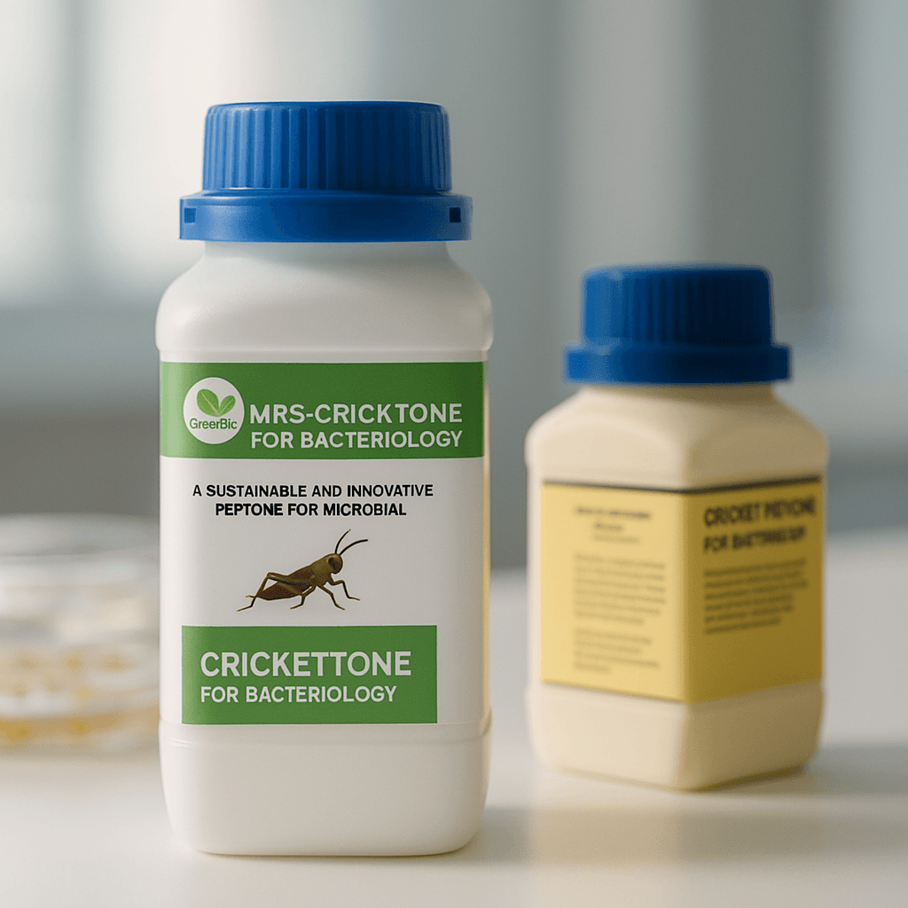 Cricktone cricket peptone bottle on a laboratory bench with petri dishes and culture media